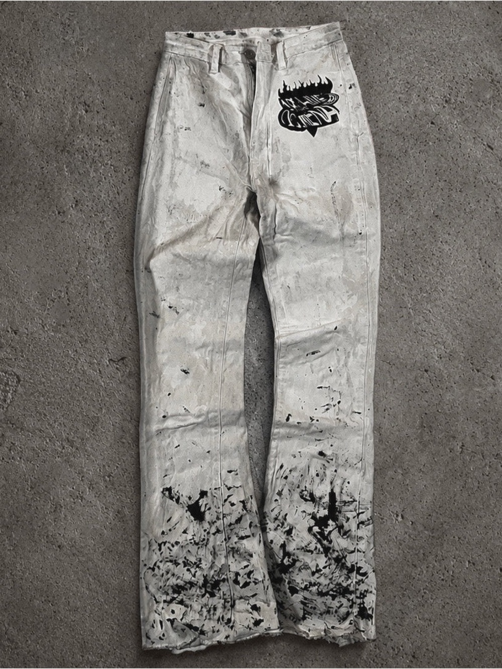 Handmade ABO White Paint-Splatter Waxed Flared Pants